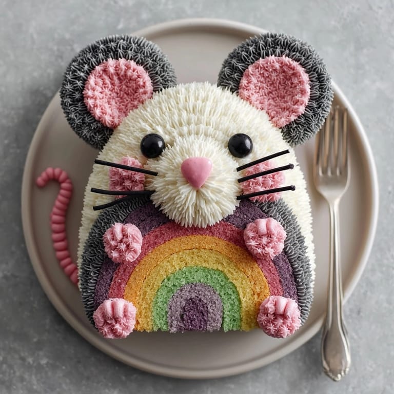 Whimsical rat-shaped Chaos Cake with colorful layers, gray buttercream, fondant details, and birthday candles.