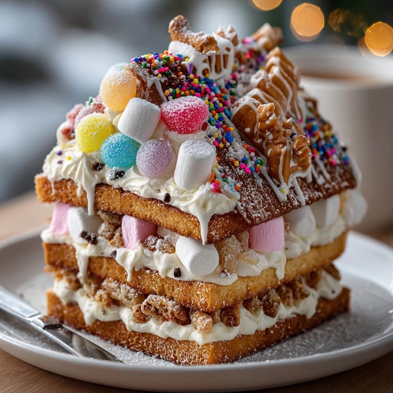 Playful Silly Cake Gingerbread House Disaster Design featuring leaning walls and colorful candy toppings ready for the holidays.