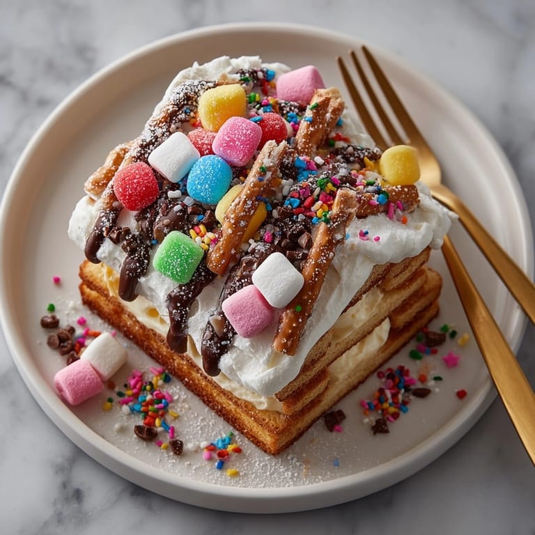 Close-up of a Silly Cake Gingerbread House Disaster Design, loaded with marshmallows, chocolate chips, and festive sprinkles.