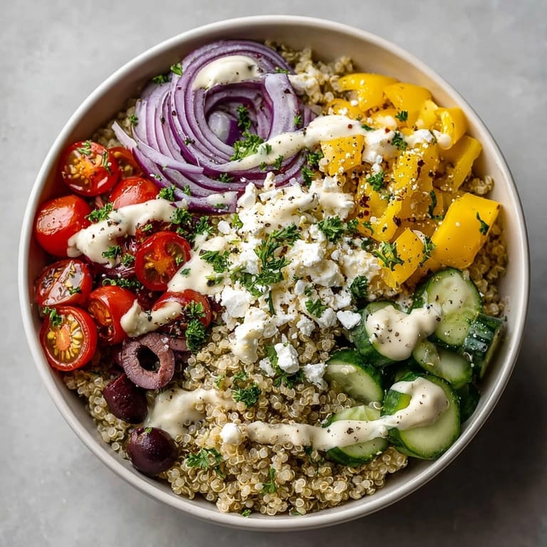 Vibrant Mediterranean Quinoa Power Bowl featuring fluffy quinoa, crisp veggies, and tangy lemon tahini dressing