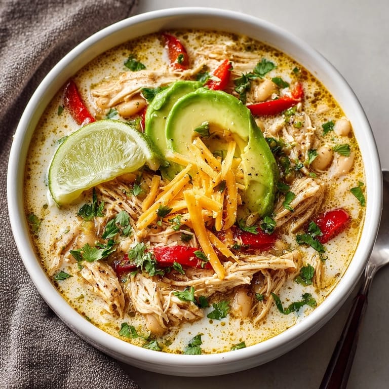 Ladle serving hearty white chicken chili with visible beans, tender chicken, and a swirl of sour cream.