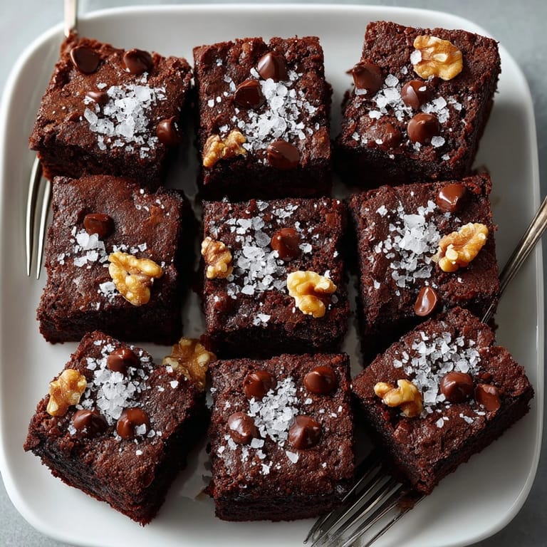 Close-up of Decadent Dark Chocolate Avocado Brownies with Sea Salt, highlighting gooey chocolate and glistening sea salt topping.
