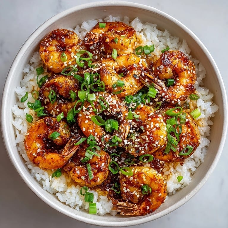 Juicy shrimp bathed in honey garlic glaze served with rice, a 20 minute simple meal.