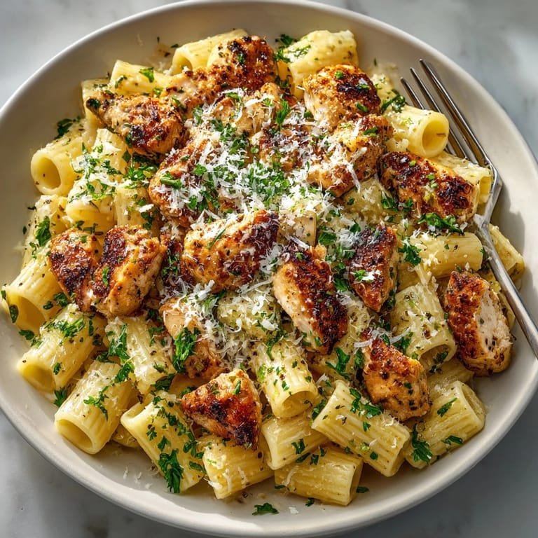 Close-up view of the garlic butter chicken with rigatoni; a savory, creamy pasta delight.
