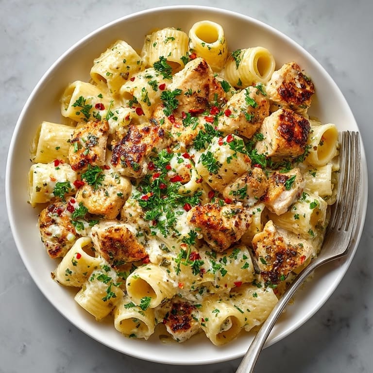 Rigatoni pasta bathed in garlic butter sauce with tender chicken and fresh Parmesan cheese.