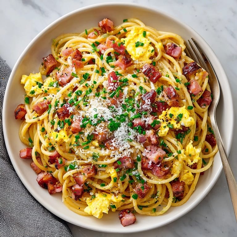 Perfect for brunch: a plate of Cherry Glazed Ham Breakfast Pasta with vibrant herbs and Parmesan.
