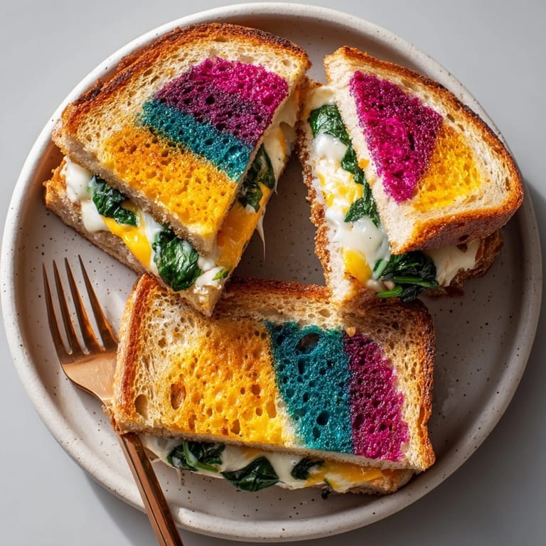 Imagine the fun: a freshly made "Chaos-Style Funky Colored Grilled Cheese" ready for dipping with a side of tomato soup!