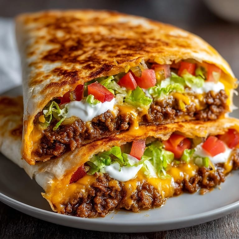The ultimate homemade Taco Bell Crunchwrap Supreme, filled with melty cheese and seasoned ground beef, ready to eat!
