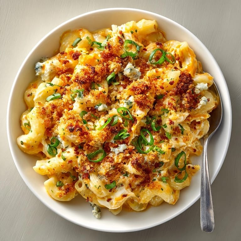 Baked Buffalo Chicken Dip Mac and Cheese with a crispy panko topping, promising a flavorful, spicy, and cheesy experience.