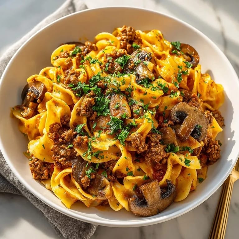 A close-up of a taco seasoned ground beef stroganoff, showcasing rich, meaty textures and sauce.