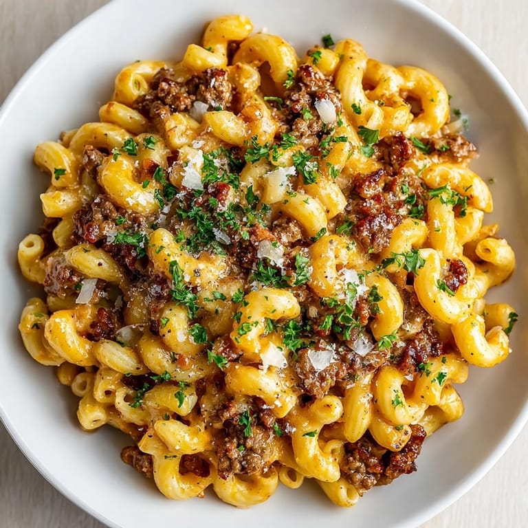 Delicious, homemade one-pot cheeseburger macaroni: savory ground beef with tender pasta and melted cheese.