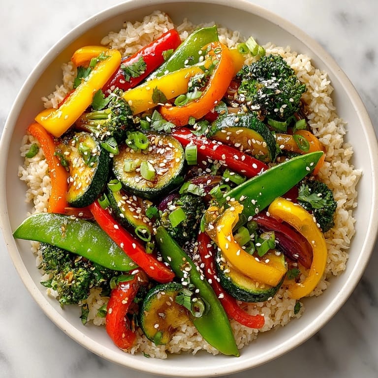 Vibrant veggie stir fry with brown rice: a rainbow of vegetables in a savory sauce.