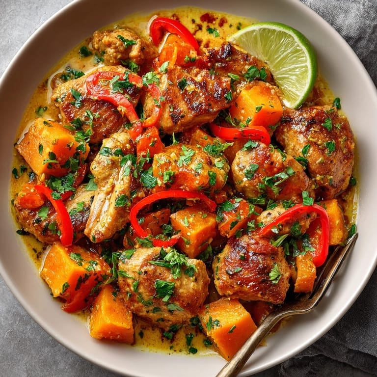 A close-up image shows the rich, reddish-orange chicken and sweet potato curry, ready to serve.