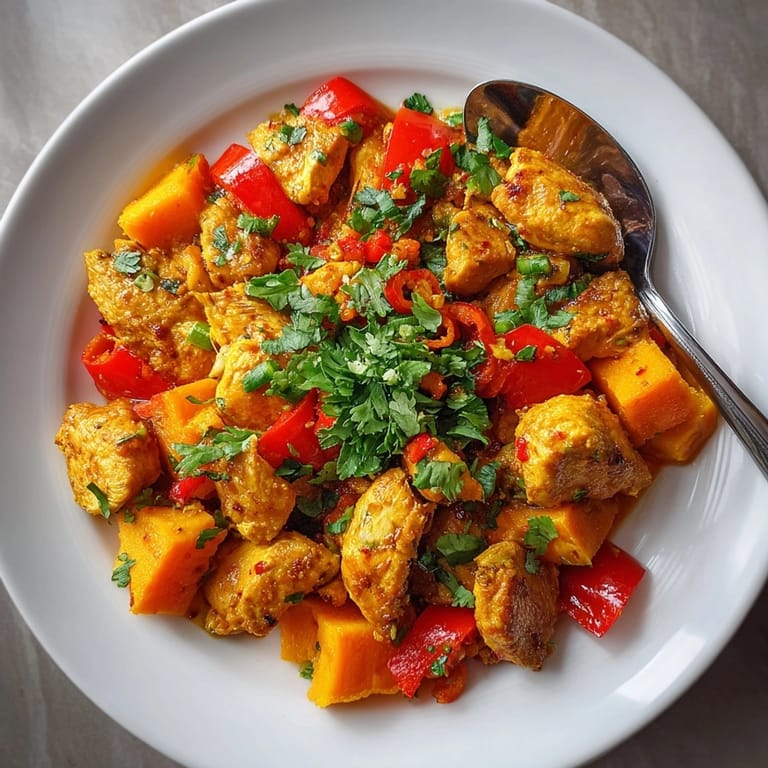 Garnish of fresh cilantro tops this steaming bowl of savory chicken and sweet potato curry.