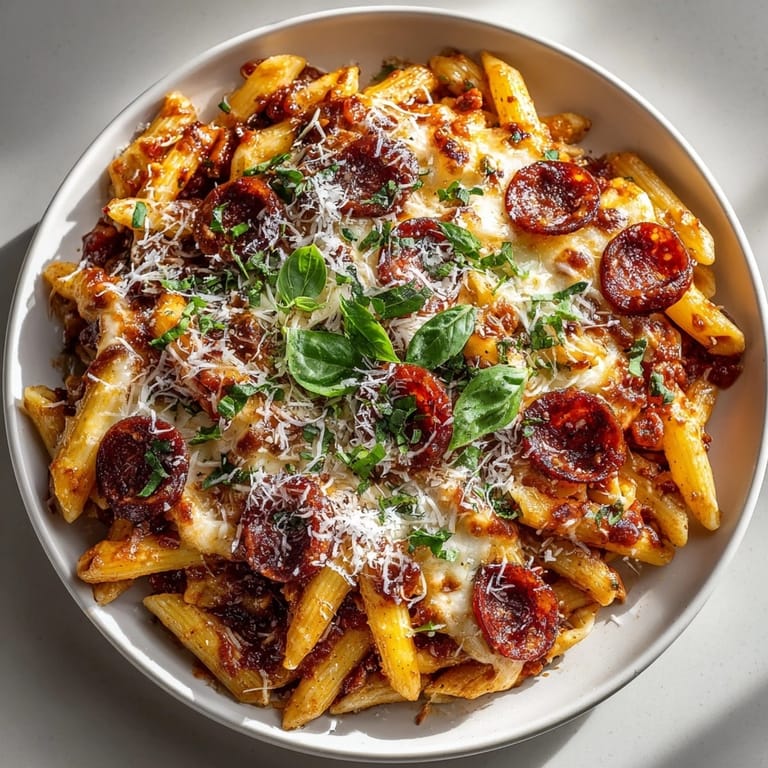 Close-up of cheesy Pizza Pasta Bake with Pepperoni Chip Topping, crispy pepperoni and melted mozzarella layers.