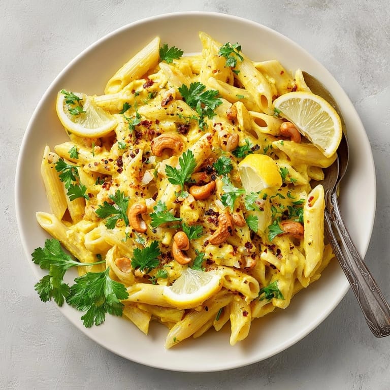 Creamy Golden Milk Pasta with Turmeric Glow Sauce served hot, vibrant yellow sauce hugging each strand of pasta.