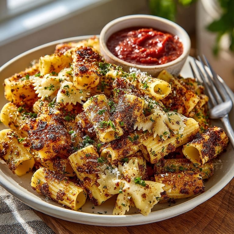 Close-up of air fryer pasta chips with a crunchy texture, ready as a flavorful snack.