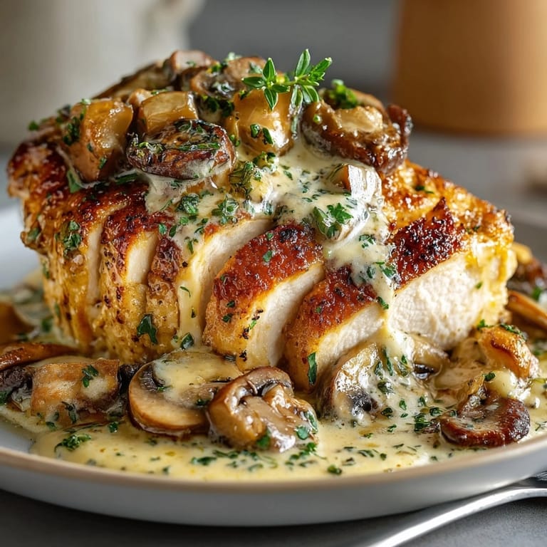 Tender chicken breasts smothered in creamy garlic mushroom sauce, served hot for a cozy dinner.