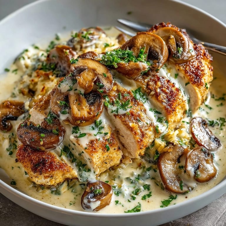 Creamy Garlic Mushroom Chicken Skillet plated with fresh parsley and rich, savory sauce for weeknight meals.