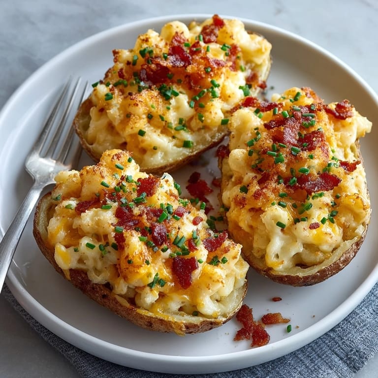 Crispy baked Mac and Cheese Potato Skins topped with fresh chives, ready for snacking.