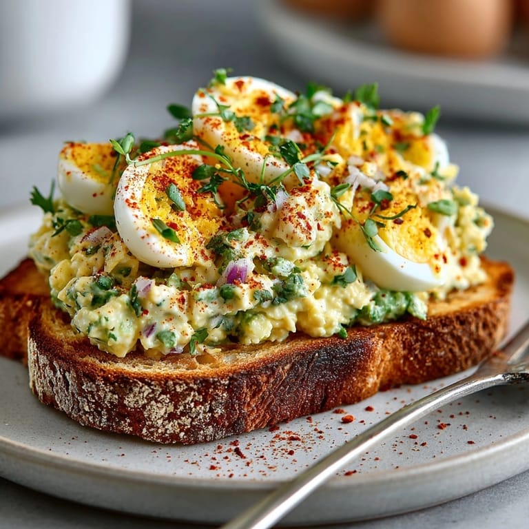Smoky Avocado Egg Salad Toast with Paprika showing creamy layers and vibrant paprika sprinkle.