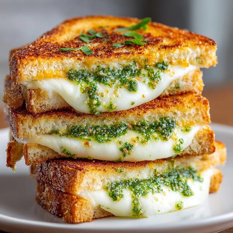 Golden-brown Grilled Cheese with Pesto and Mozzarella on rustic bread, served hot and melty for lunch.