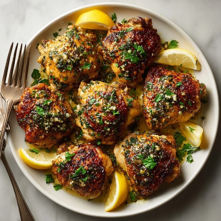 Hot pan-seared Garlic Herb Chicken Thighs, crispy and aromatic, ready for a family dinner