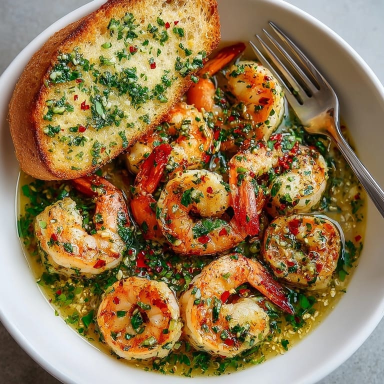 Close-up of Shrimp Scampi Bowls with Garlic Bread, topped with fresh parsley and lemon.