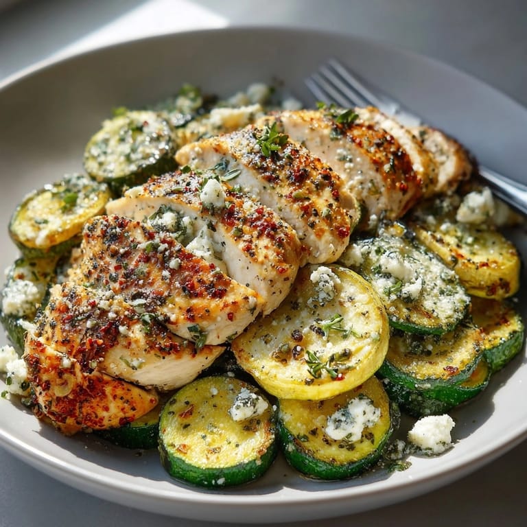 Freshly baked Mediterranean Chicken Zucchini Bake featuring tender chicken, vibrant vegetables, and melted feta cheese.