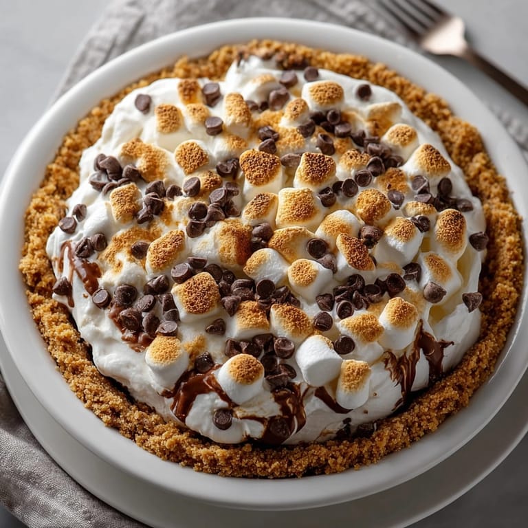 S'mores Campfire Pie fresh from the oven, chocolate and marshmallow bubbling under a crisp graham layer