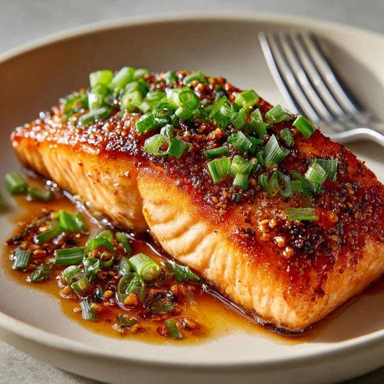 Close-up of Easy Crispy Honey Garlic Glazed Salmon Recipe, flaky fillets brushed with shiny sweet-savory sauce.