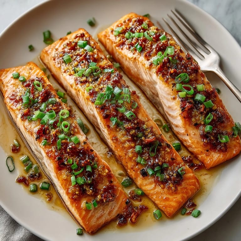 Easy Crispy Honey Garlic Glazed Salmon Recipe plated over rice, showcasing crispy skin and sticky garlic honey glaze.