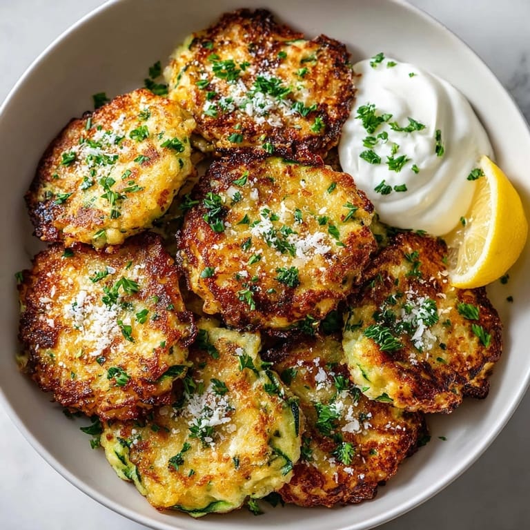 Warm, soft Ricotta Zucchini Fritters with delicate herbs, perfect served alongside cool Greek yogurt.