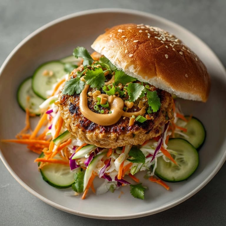 Golden-brown Thai Peanut Turkey Burgers sizzling on the grill, ready to be sauced and served.