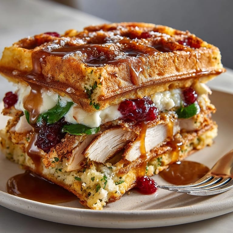 Imagine golden Thanksgiving Leftovers Waffle Sandwiches: layers of turkey, tangy cranberry, and melted cheese.