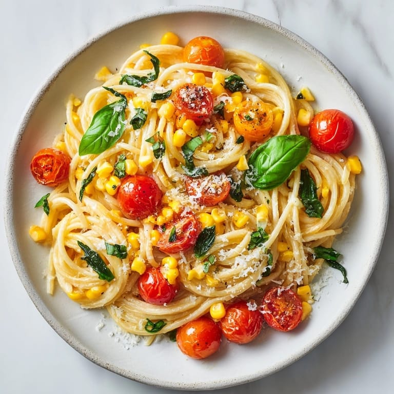 A delicious bowl of Corn and Basil Pasta ready to eat, featuring fresh ingredients.