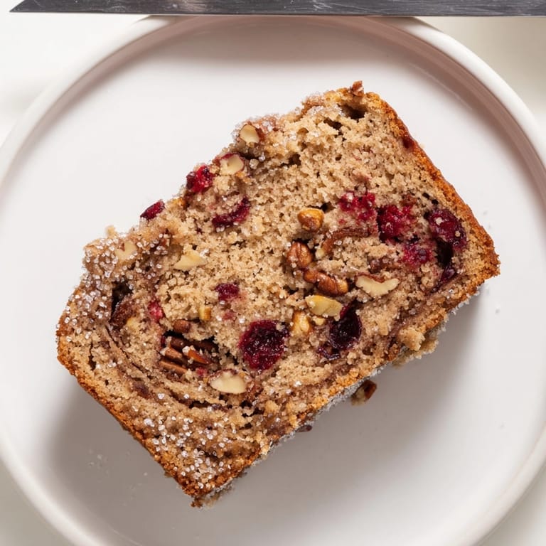 Warm slices of Cinnamon Cranberry Breakfast Loaf with juicy cranberries and nutty accents.