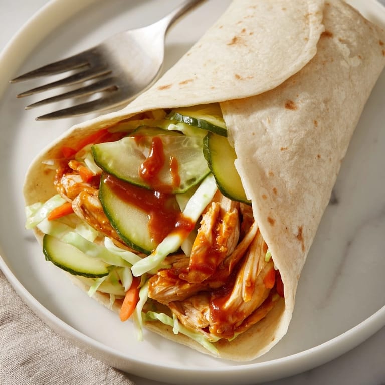 Savory BBQ Chicken Pickle Slaw Wraps with vibrant green slaw filling a soft tortilla.