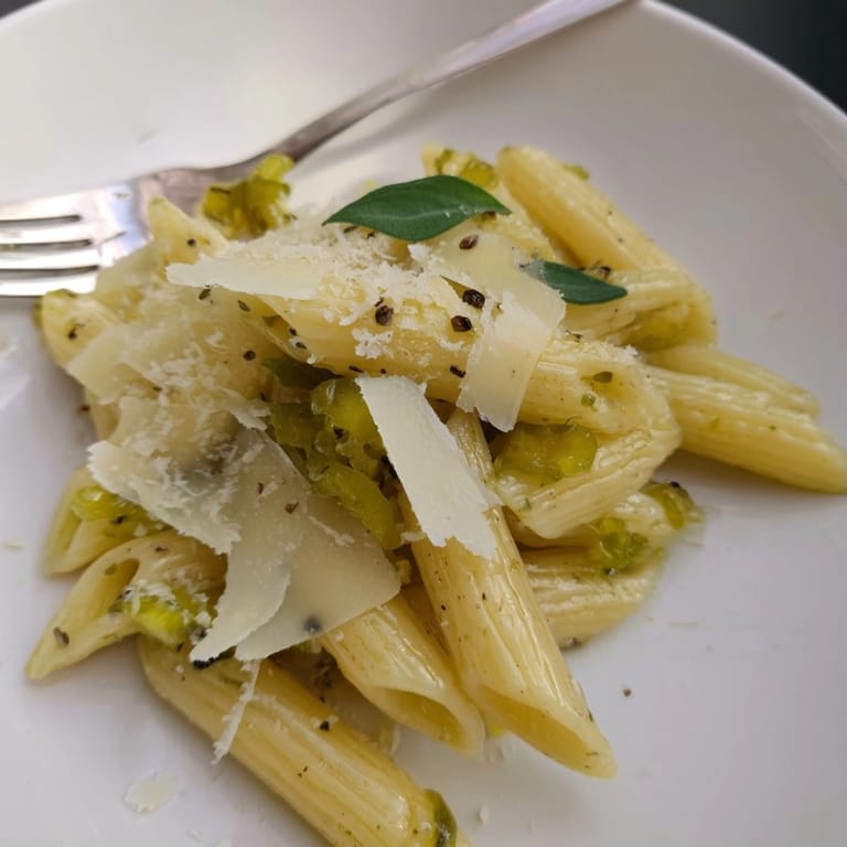 Freshly cooked Lemon Basil Pickle Pasta, garnished with basil, plated and ready to serve.