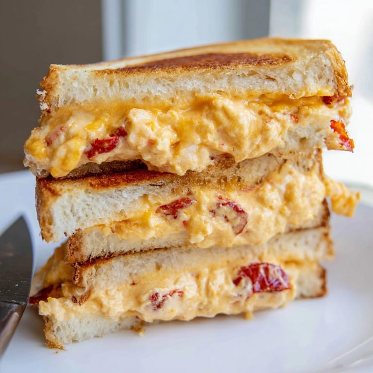 Buttery Pimento Cheese-Stuffed Grilled Cheese with melty, tangy center, browned to perfection on a hot griddle.