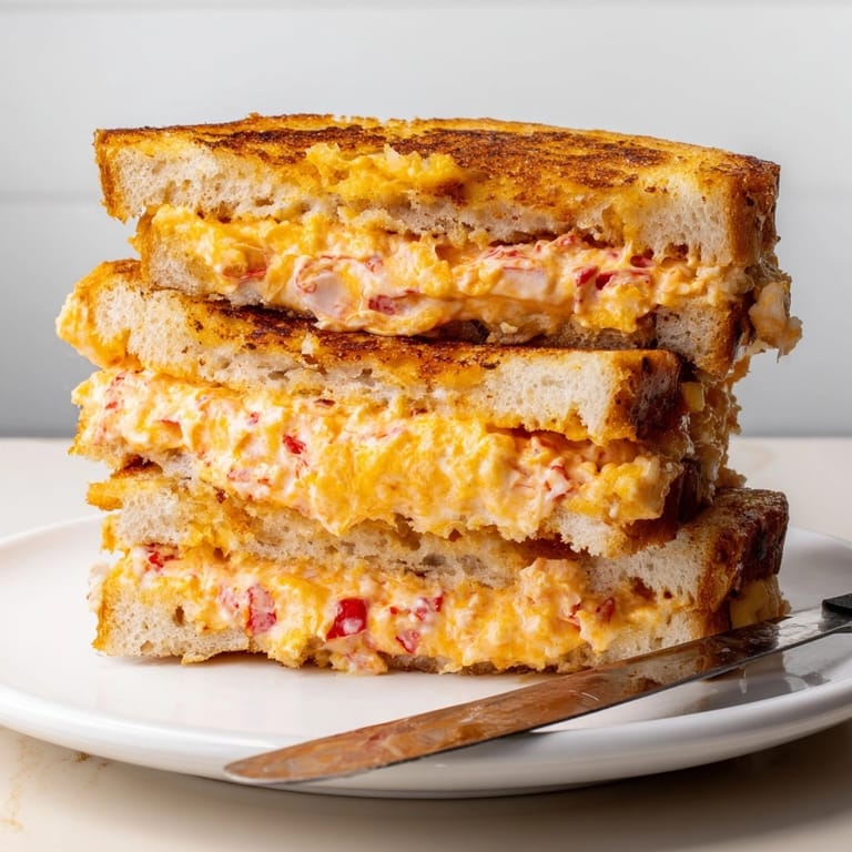 Close-up of Pimento Cheese-Stuffed Grilled Cheese showing textured bread and bubbly, cheesy filling ready to enjoy!
