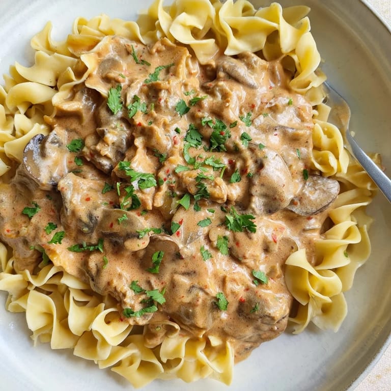 Delicious taco seasoned ground beef stroganoff garnished with fresh cilantro for added flavor.  
