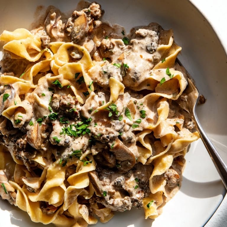 Rich and creamy taco seasoned ground beef stroganoff, perfect for a quick weeknight meal.
