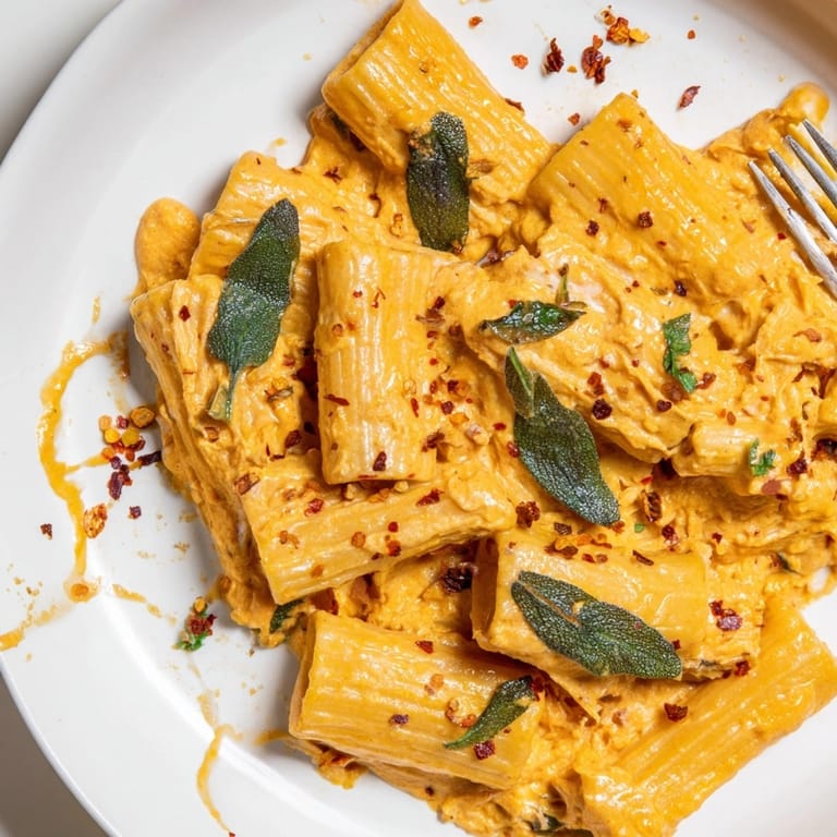 Golden Whipped Ricotta Pumpkin Pasta plated with crunchy red pepper flakes, ready to serve.