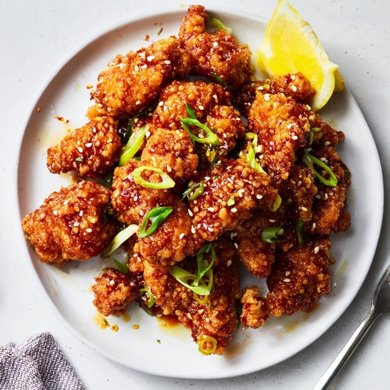 Close-up of glistening Japanese Karaage, a sweet chili glaze coating the crispy chicken.