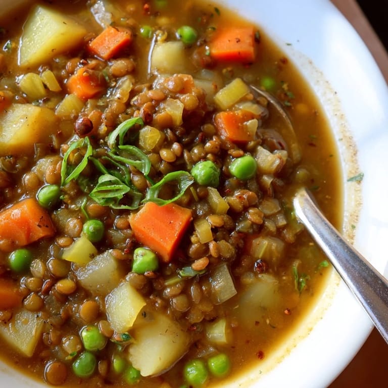 A steaming bowl of Japanese Curry Lentil Soup garnished with fresh scallions and peas.  