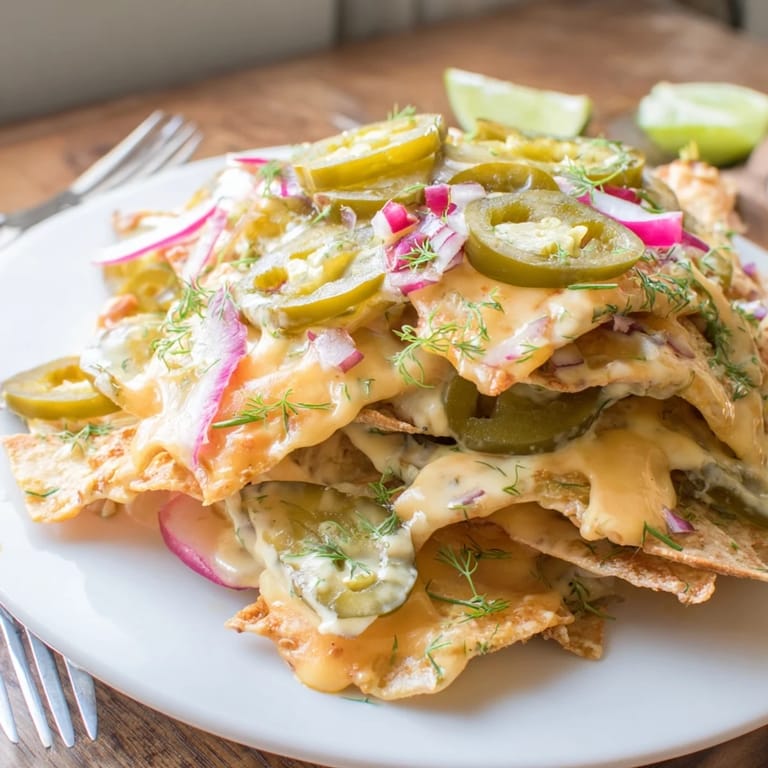 Delicious Dill Pickle Margarita Nachos served hot with lime wedges for extra flavor.