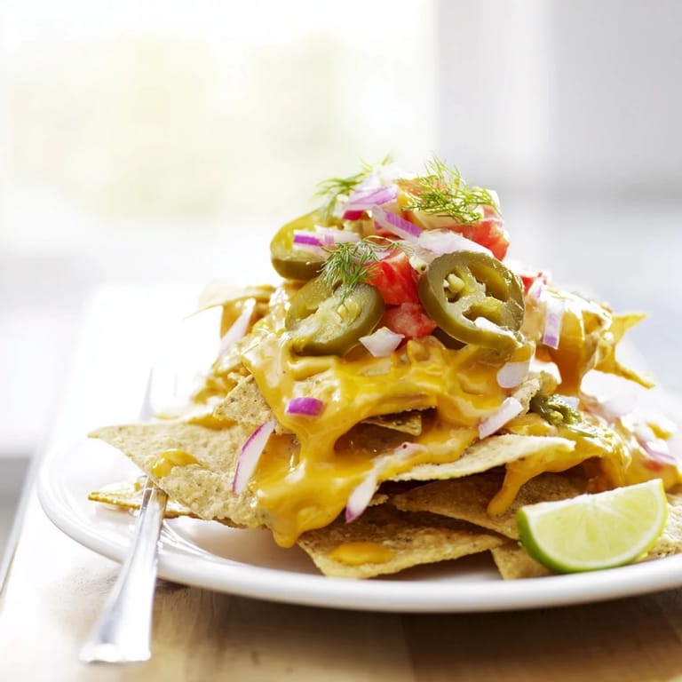 Tangy Dill Pickle Margarita Nachos piled high with zesty cheese sauce and toppings.  