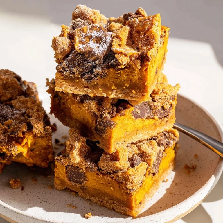 Savory Coffee Crunch Pumpkin Pie Blondies showcasing a spiced pumpkin base and espresso topping.