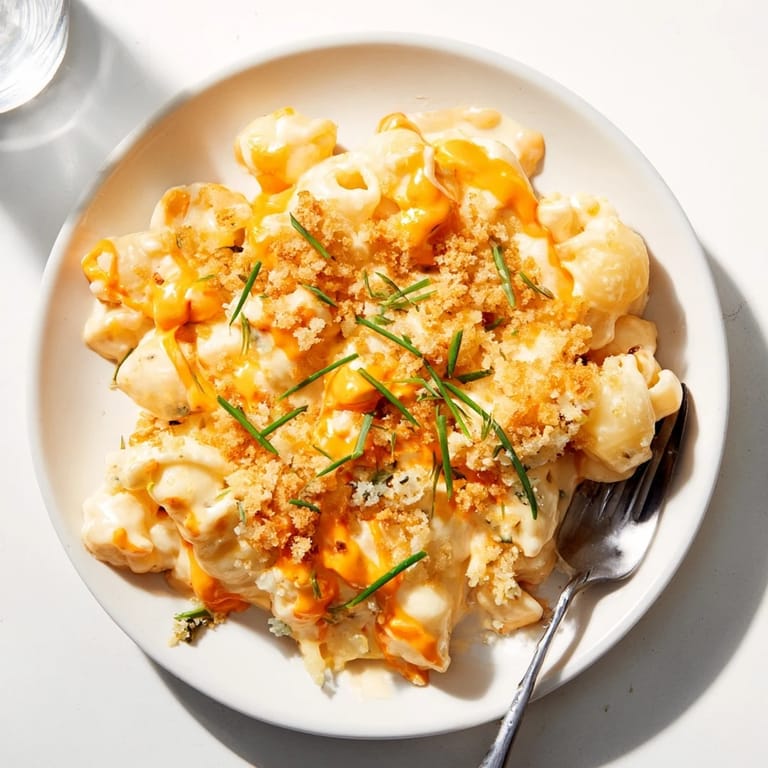 Deliciously spicy Sriracha Pickle Mac and Cheese, perfect for a cozy dinner.  